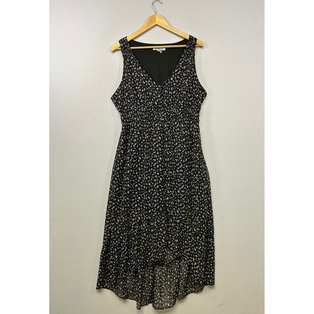 Cottagecore Boho Rewind Womens XXL Black Floral High-Low Smocked‎ Midi Dress